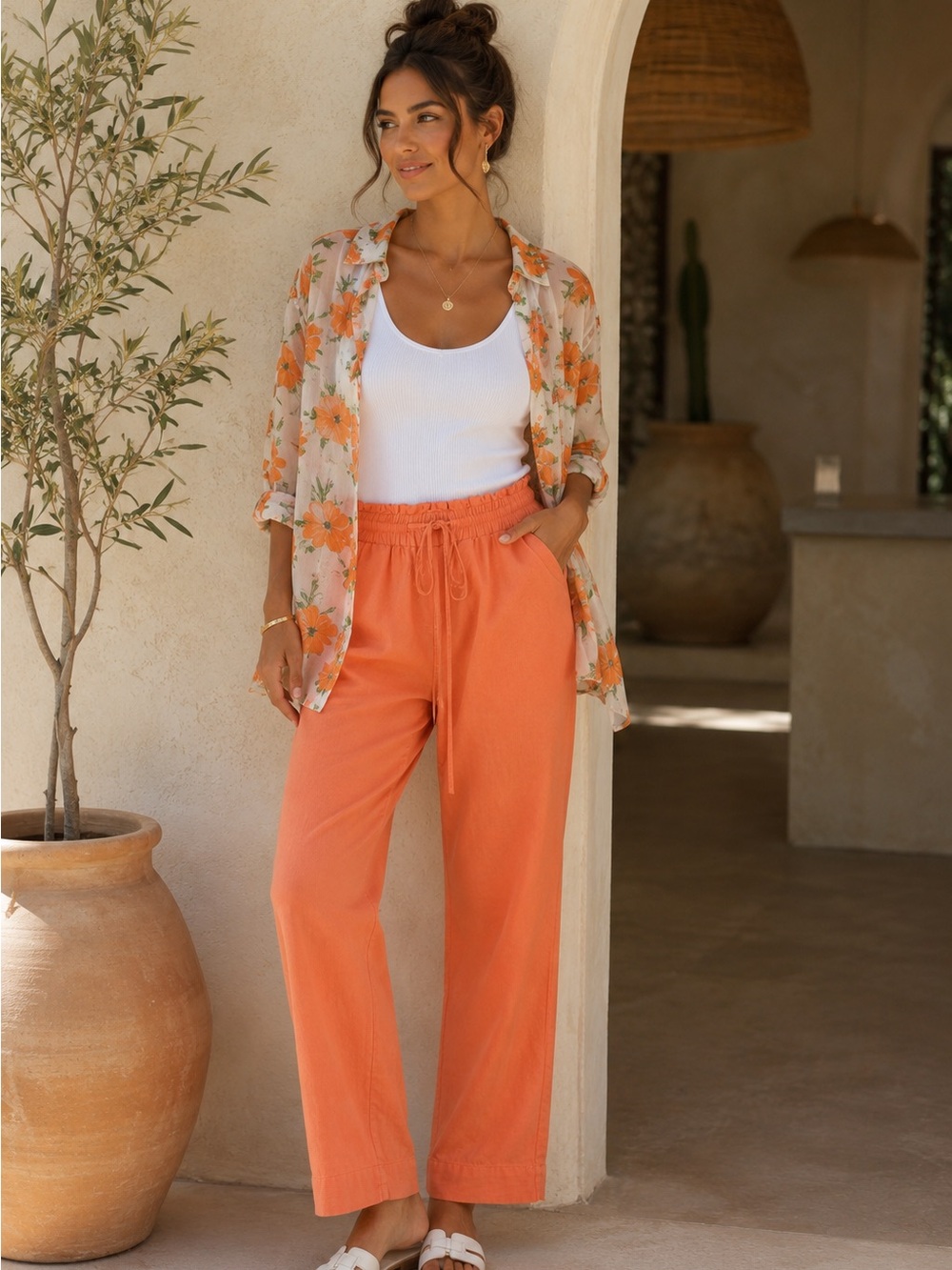 Coastal Minimalist Orange Wide Leg Linen Blend Smal Straight Leg Clean Girl Pant